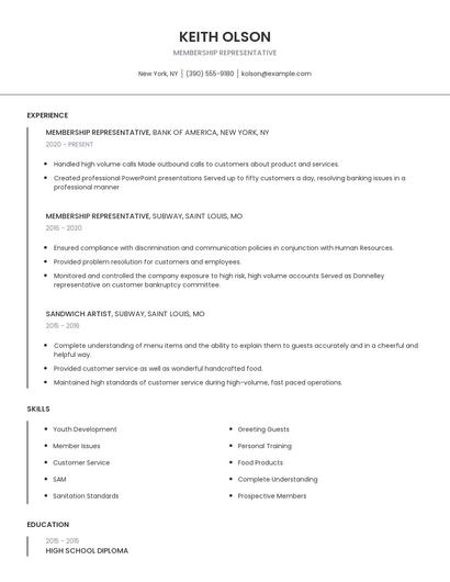 Membership Representative Resume