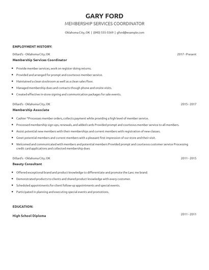 Membership Services Coordinator Resume