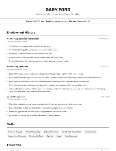 Membership Services Coordinator Resume