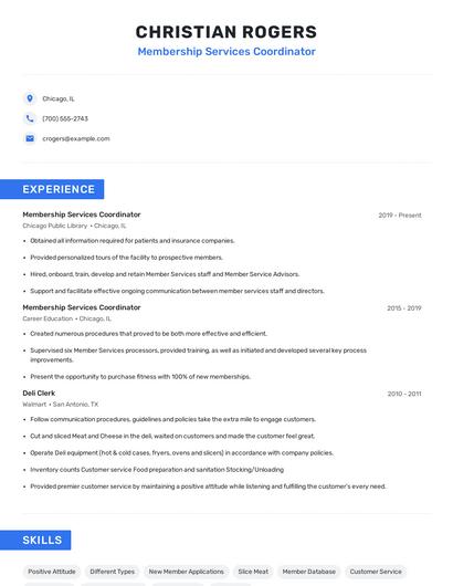 Membership Services Coordinator Resume