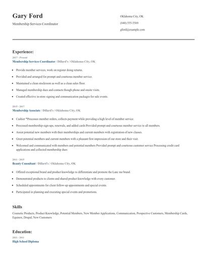 Membership Services Coordinator Resume