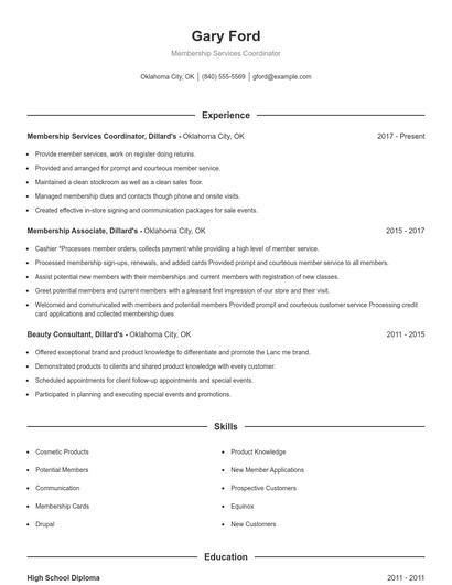 Membership Services Coordinator Resume