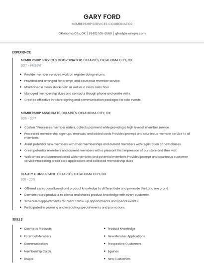 Membership Services Coordinator Resume
