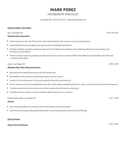 Membership Specialist Resume