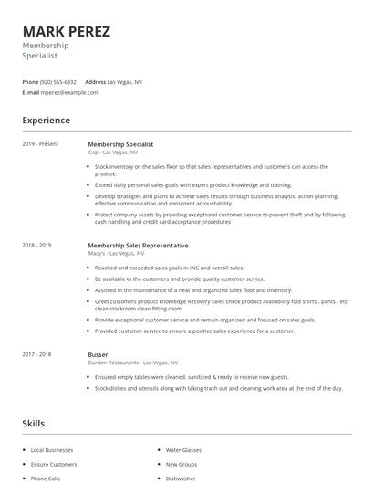 Membership Specialist Resume
