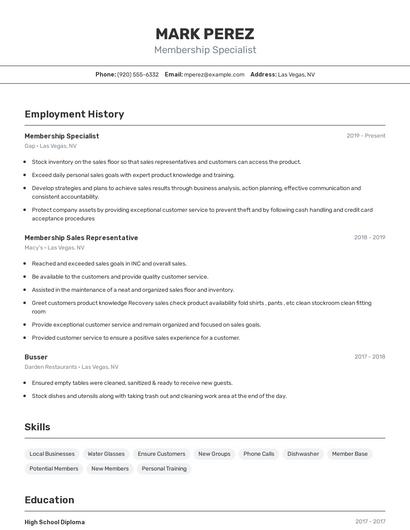 Membership Specialist Resume
