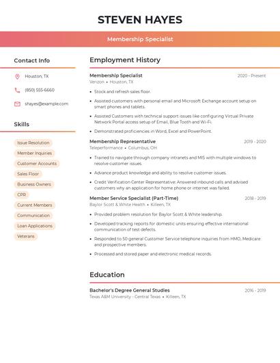 Membership Specialist Resume
