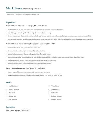 Membership Specialist Resume