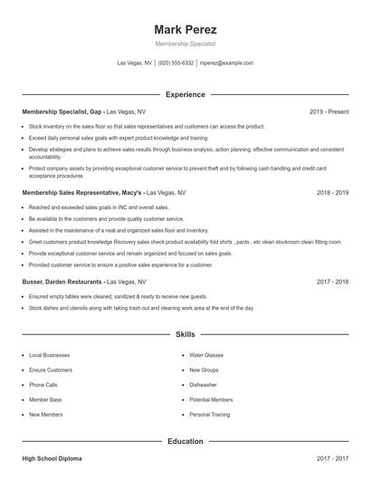 Membership Specialist Resume
