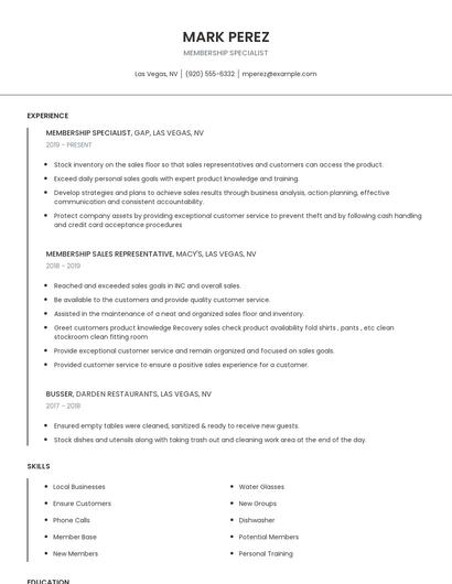 Membership Specialist Resume