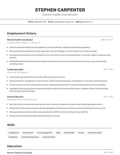 Mental Health Coordinator Resume