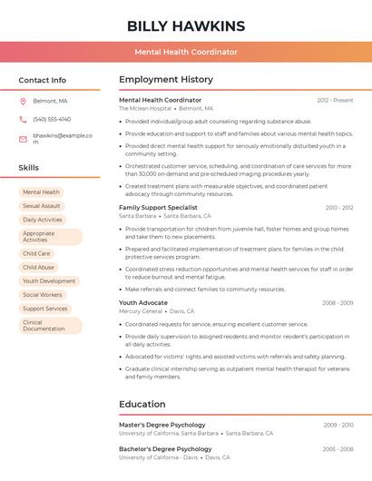 Mental Health Coordinator Resume