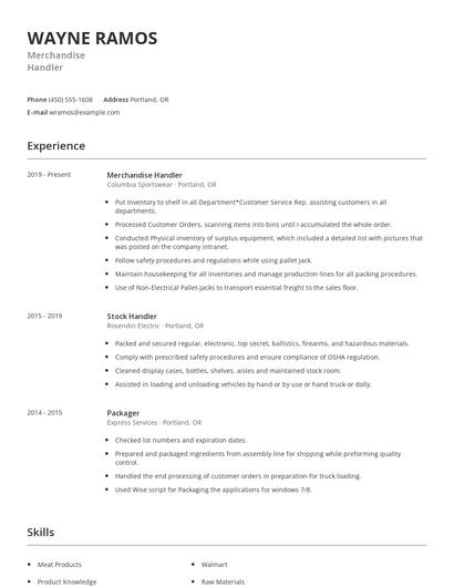 Merchandise Handler Resume