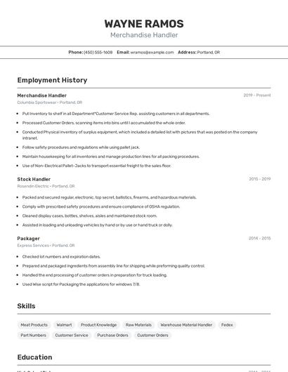 Merchandise Handler Resume