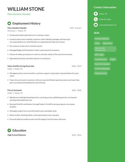 Merchandise Handler Resume