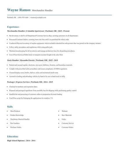 Merchandise Handler Resume