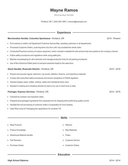 Merchandise Handler Resume