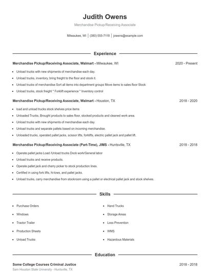 Merchandise Pickup/Receiving Associate Resume