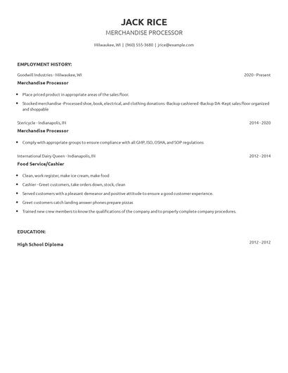 Merchandise Processor Resume