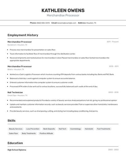 Merchandise Processor Resume