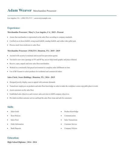 Merchandise Processor Resume