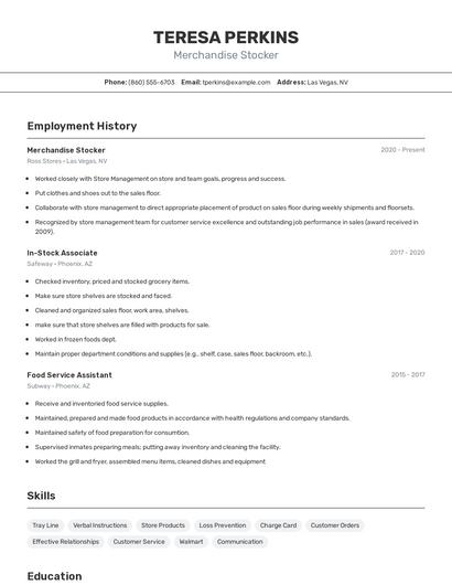 Merchandise Stocker Resume