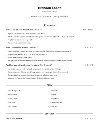 Merchandise Stocker Resume