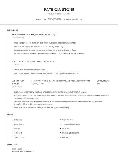 Merchandise Stocker Resume