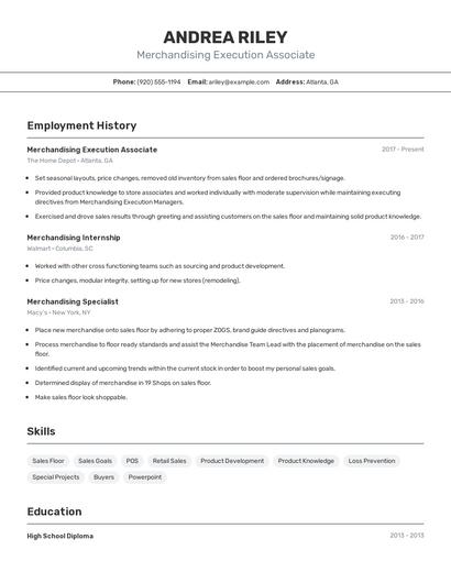 Merchandising Execution Associate Resume