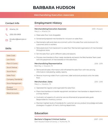 Merchandising Execution Associate Resume