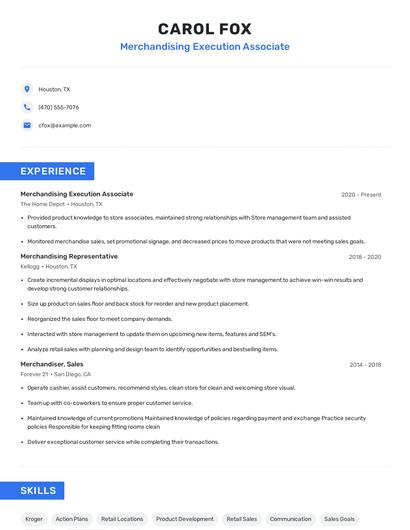 Merchandising Execution Associate Resume
