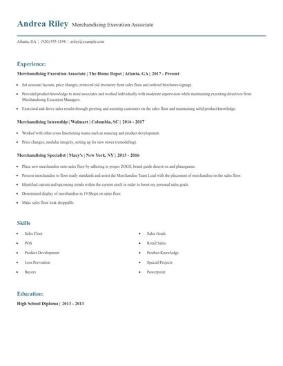 Merchandising Execution Associate Resume