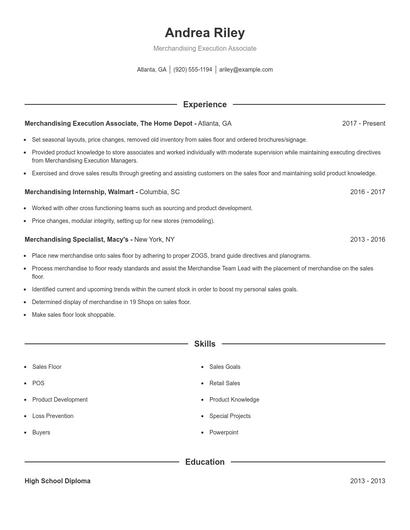 Merchandising Execution Associate Resume