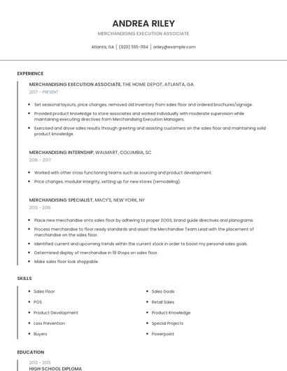 Merchandising Execution Associate Resume