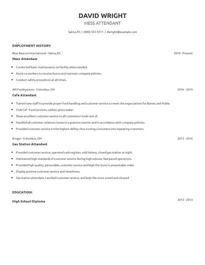 Mess Attendant Resume