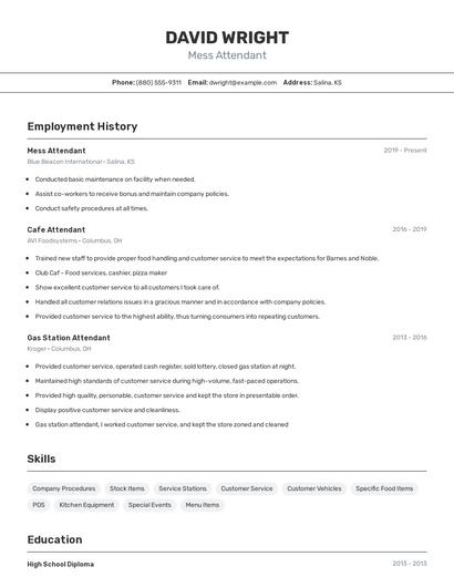 Mess Attendant Resume