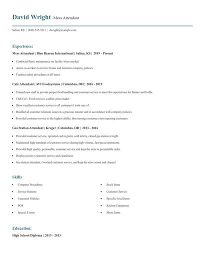 Mess Attendant Resume