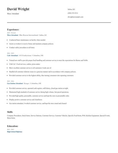 Mess Attendant Resume