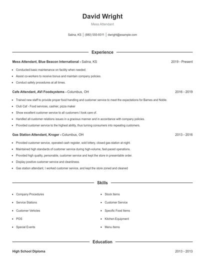 Mess Attendant Resume