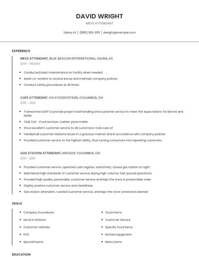 Mess Attendant Resume