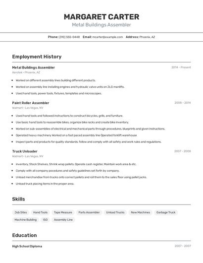 Metal Buildings Assembler Resume