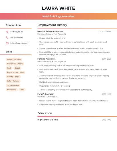 Metal Buildings Assembler Resume