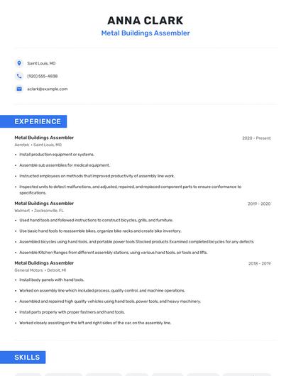Metal Buildings Assembler Resume