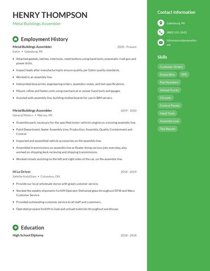 Metal Buildings Assembler Resume