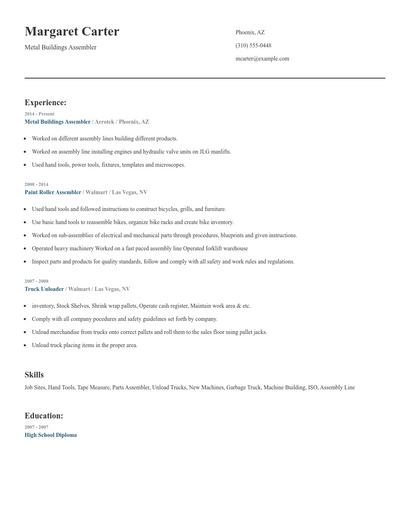 Metal Buildings Assembler Resume