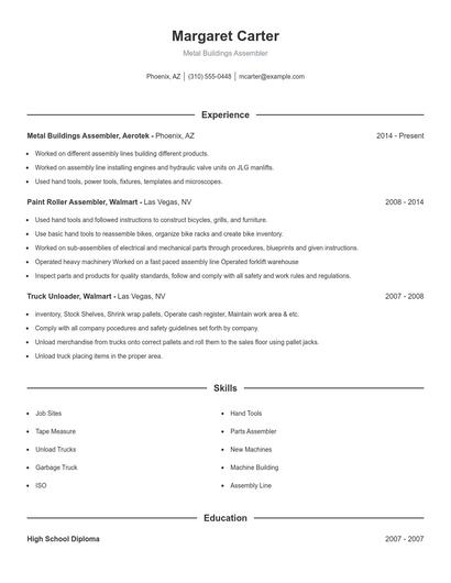 Metal Buildings Assembler Resume