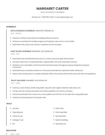 Metal Buildings Assembler Resume
