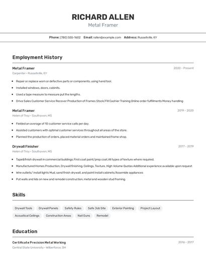 Metal Framer Resume