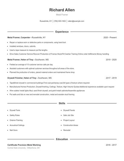 Metal Framer Resume
