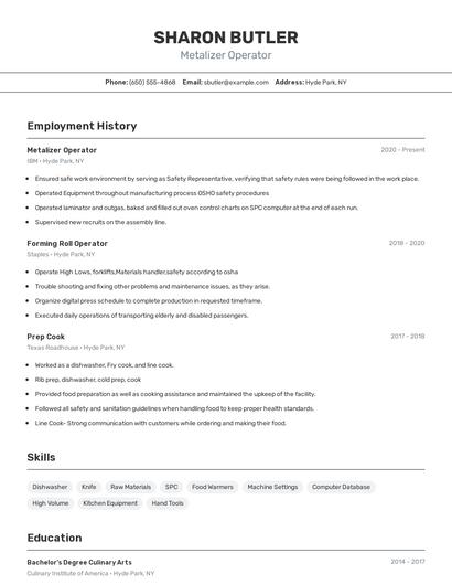 Metalizer Operator Resume
